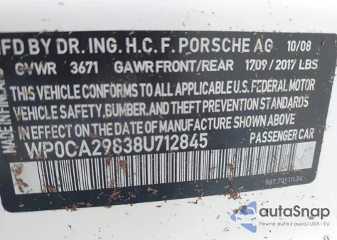 2008 Porsche Boxster from USA, damaged, VIN WP0CA29838U712845